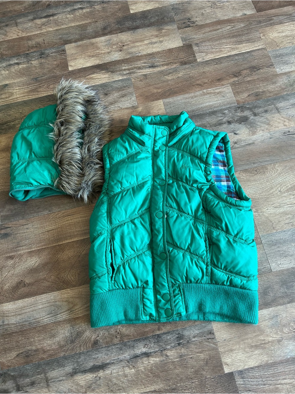 Aeropostale Kids Teal Green Puffer Vest with Faux Fur Hood Sz XL